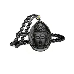 Exquisite Obsidian Water Drop Lucky Amulet Buddha Pendant Necklace Natural Crystal Beaded Long Necklace