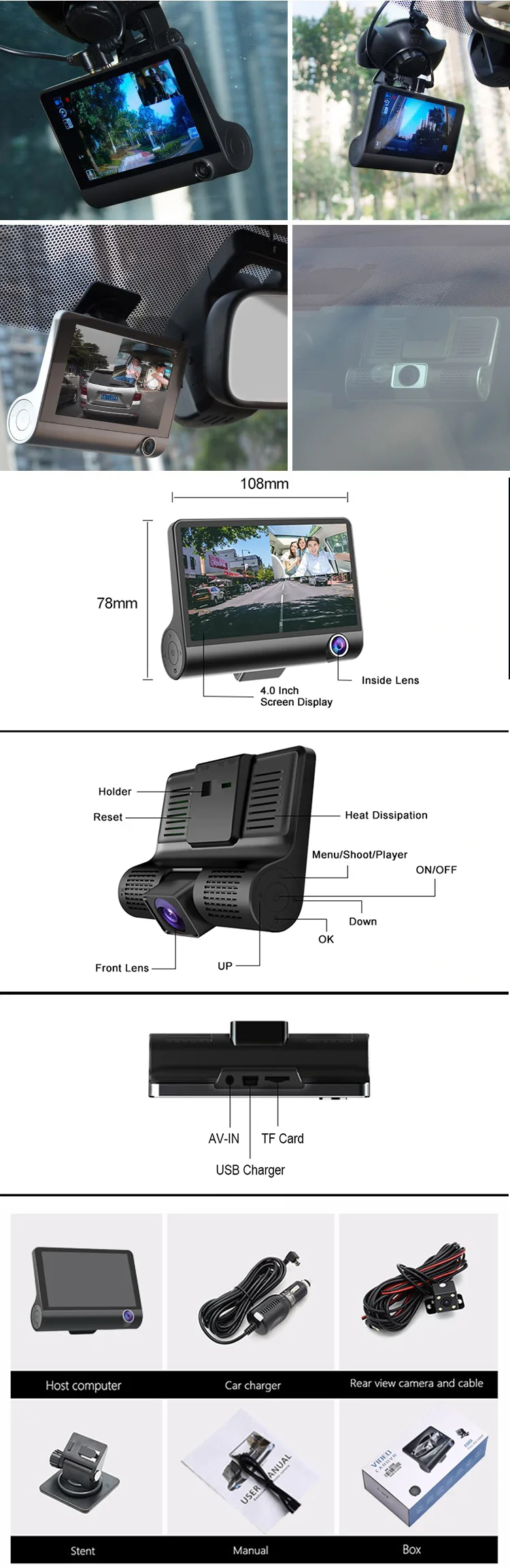 Ego 3 Lens Dash Camera Front And Rear Inside Recorder Night Vision Car