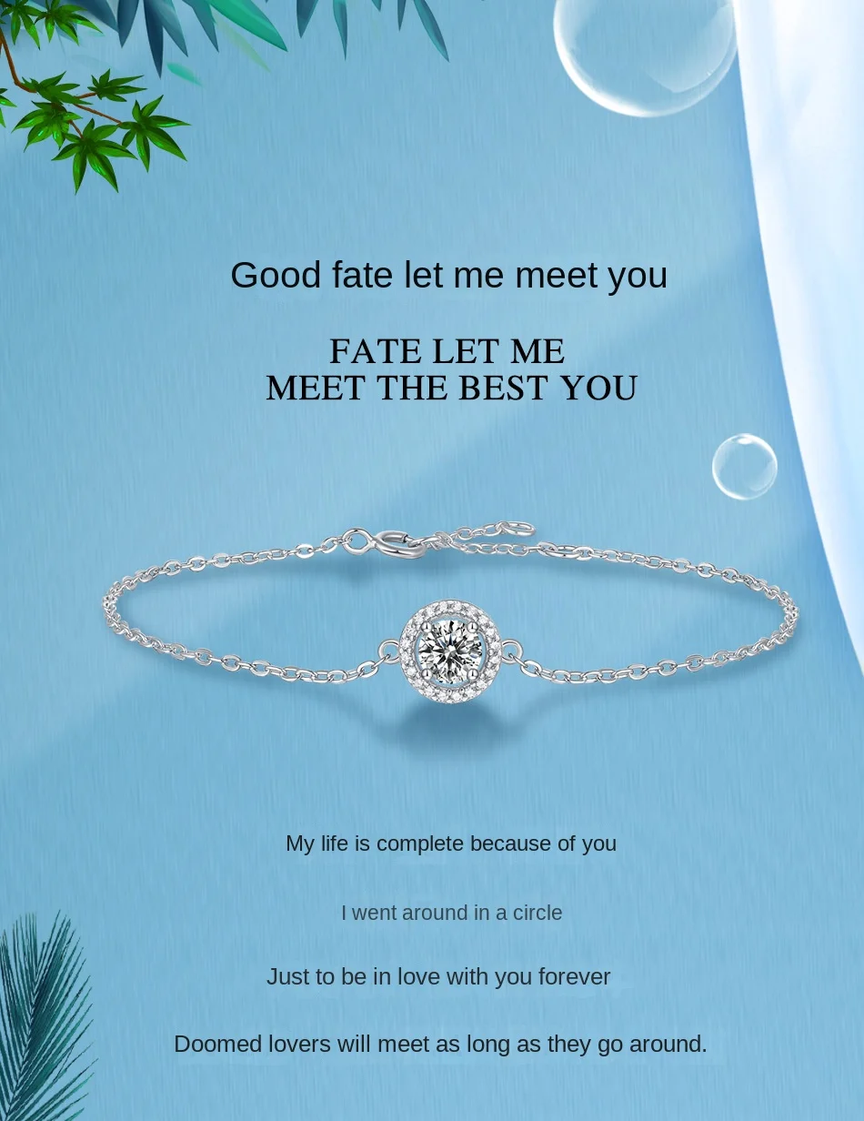 S925 Silver Bracelet Set with Elegant Simple Design Moissanite Round Bag Rhodium Plated Silver Jewelry Gift for Charm Bracelets