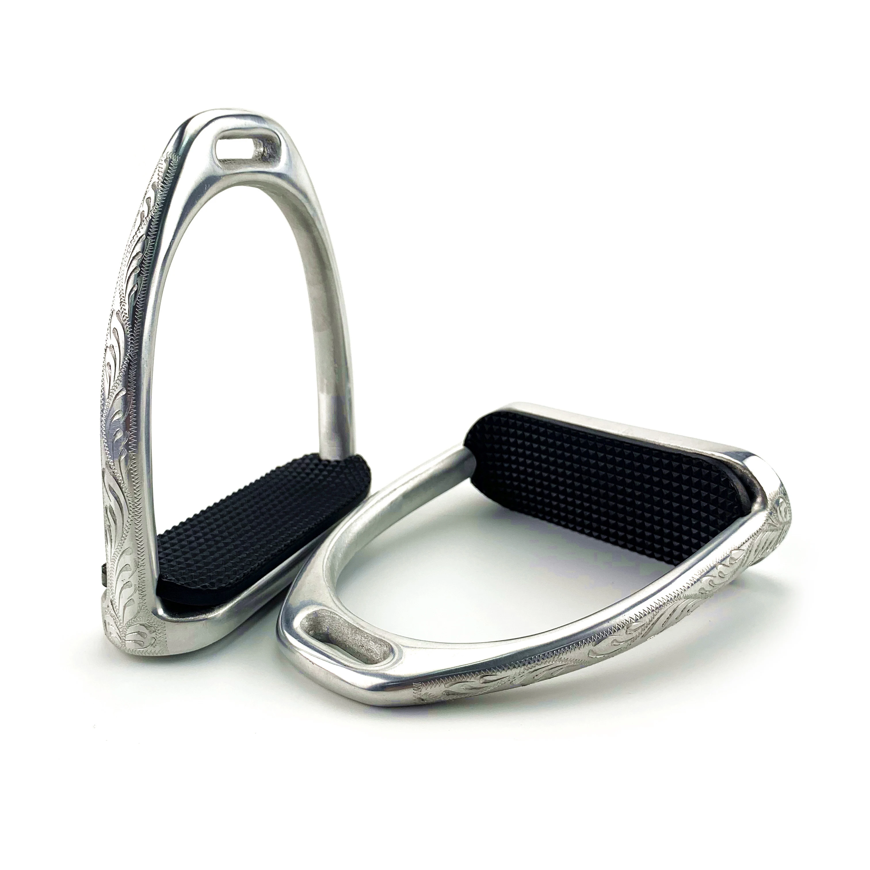 English Engraved Aluminum Horse Stirrups With Side Engraving & Rubber