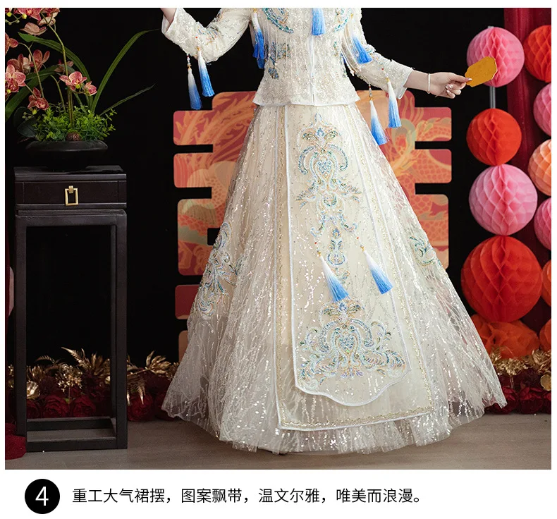 S3335A Luxury White Xiuhe Dress Modern Chinese Style Wedding Dress Heavy Industry Bridal Dress for Summer Weddings