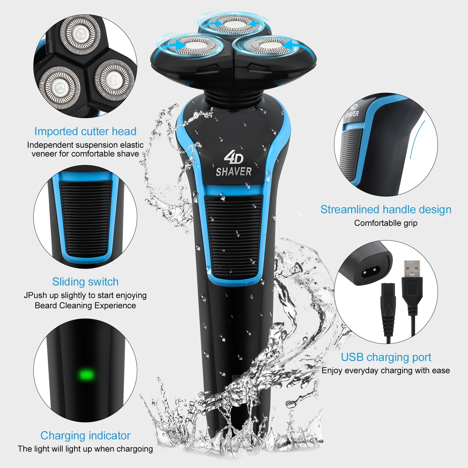 Men's Electric Shaver Rotary Shaver Wet And Dry Electric Shaver Blue