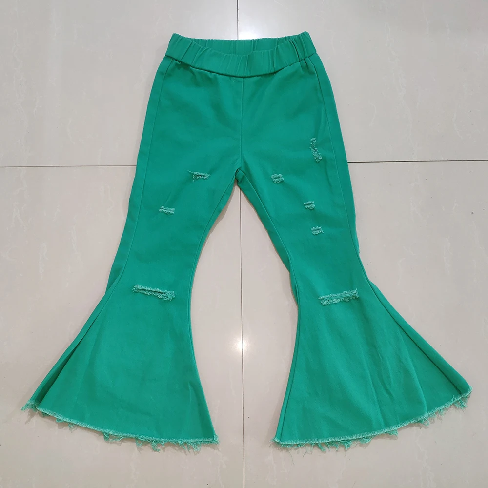 批发新设计休闲童装女童牛仔荷叶边贝尔牛仔裤裤子幼儿扎染彩色裤子