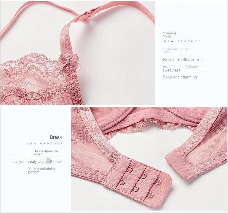 Women's Sexy Lace Ultra-Thin No Sponge Bra Set Transparent Adjusted-Straps Low-Rise Bikini Panties Logo Waist for Large Chest