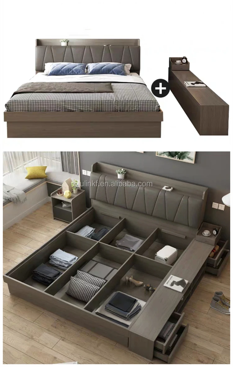 Modern Bed Room Furniture Home Bedroom Set Wooden Hotel Queen Double