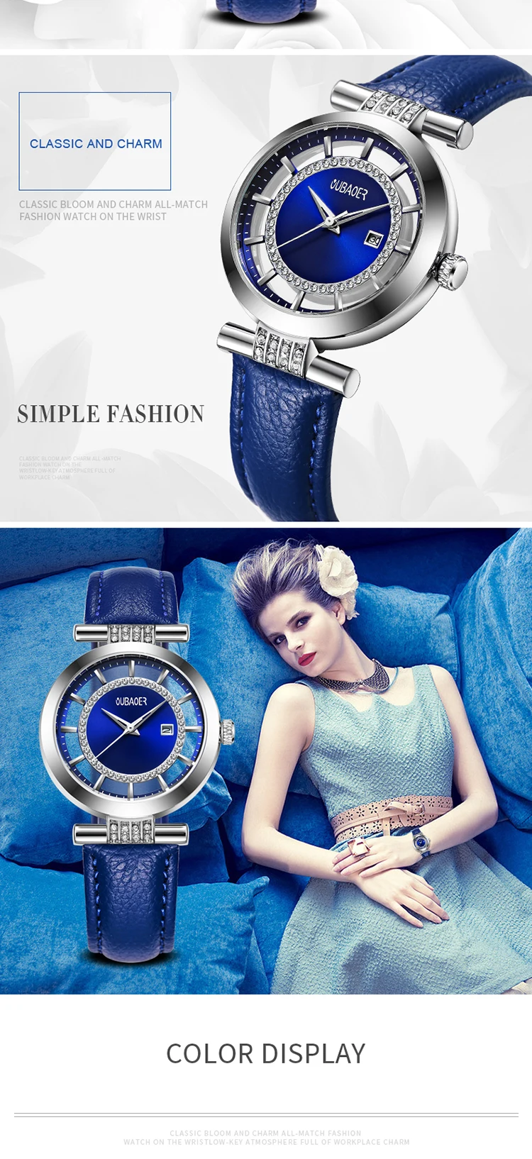 OUBAOER 2007 Luxury Blue Womens Quartz Watch Best Leather Strap Waterproof Analog Display Simple Bracelet Wrist Watch