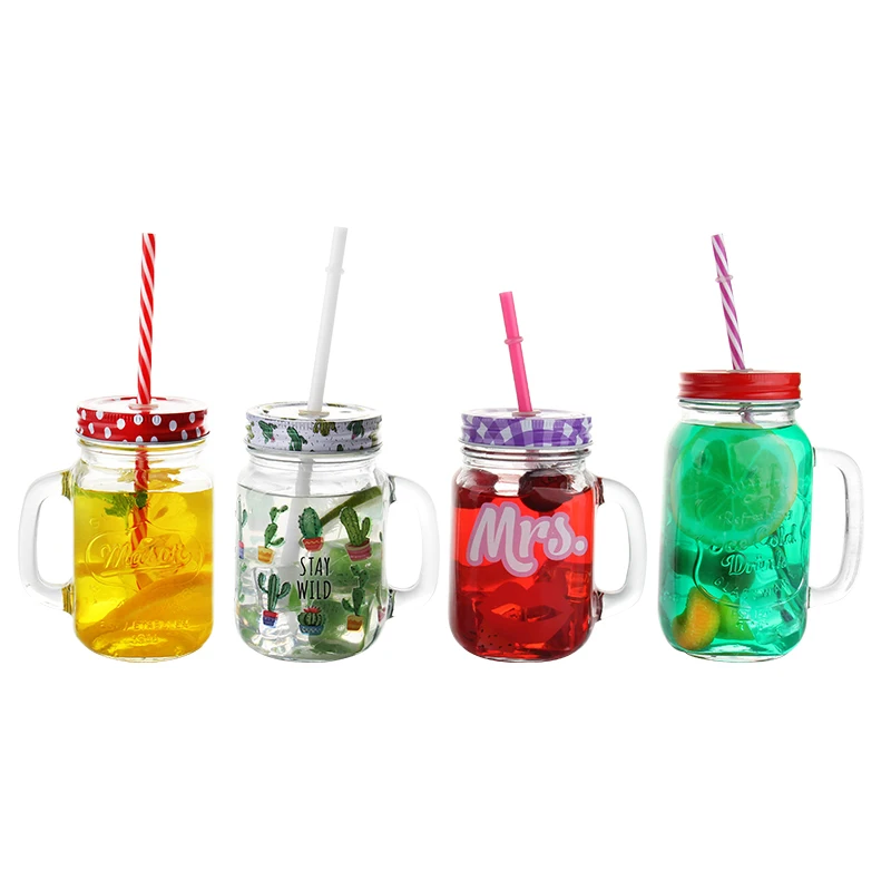 Classical 500ml Glass Juice Mason Jar And Bottle With Tin Lid And Straw Clear Dispenser Glass