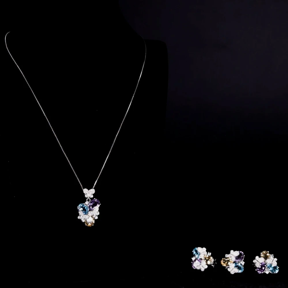 product-Big Fashion Costume Jewelry Set, Butterfly Design Three Color Big Stone Flower Jewelry Set-B