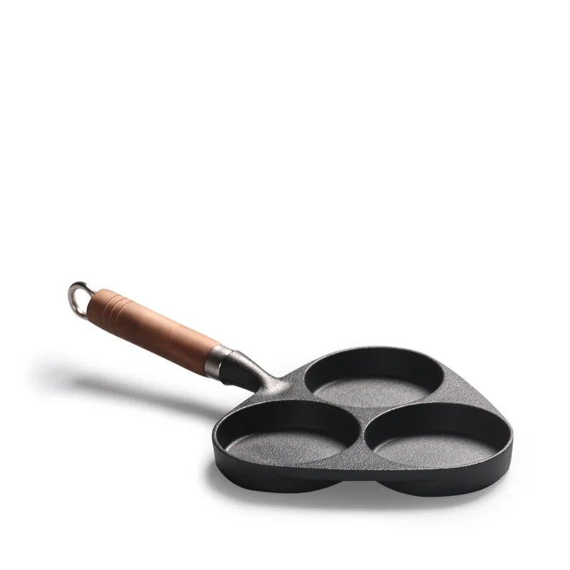 Kitchen Cast Iron Divided 3 Egg Frying Pan Skillet With Wood Handle Buy Nonstick Breakfast