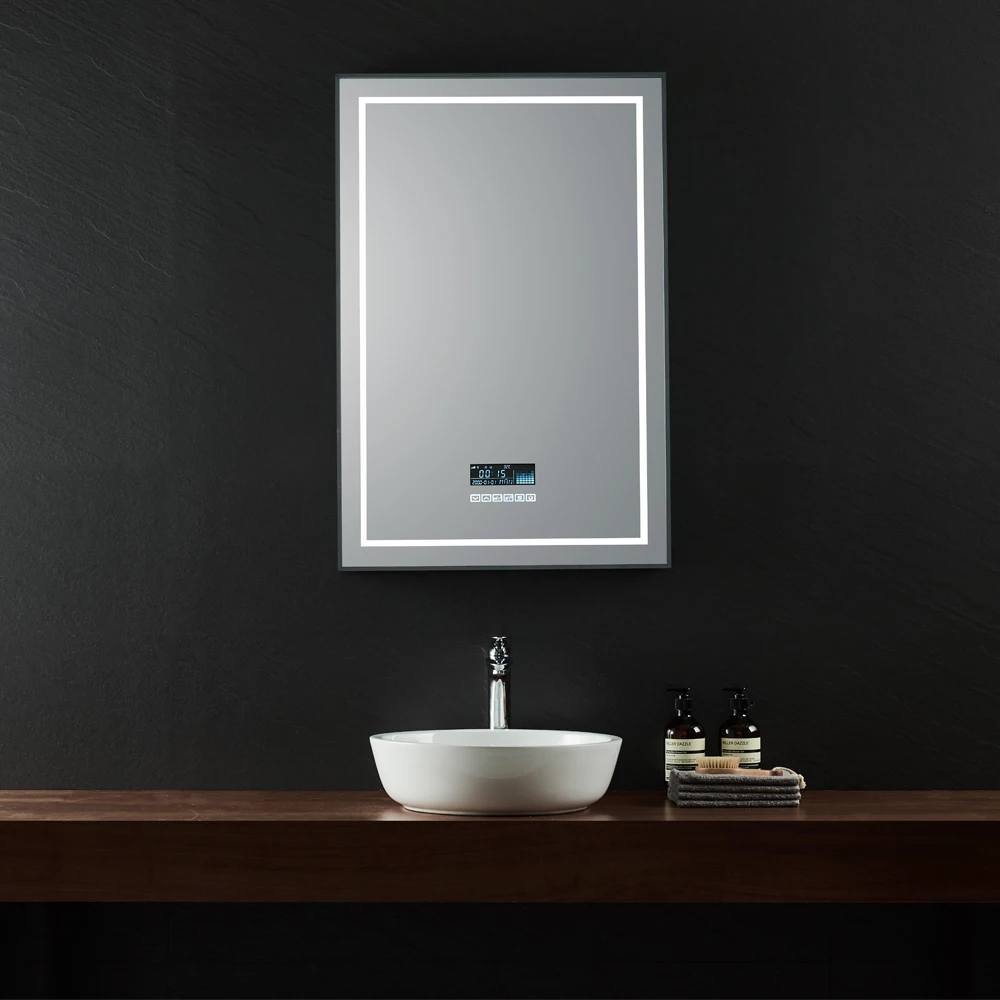 Wall Mounted Intelligent Touch Screen Fogless Bathroom LED Mirror with Time Temperature Display and Bluetooth