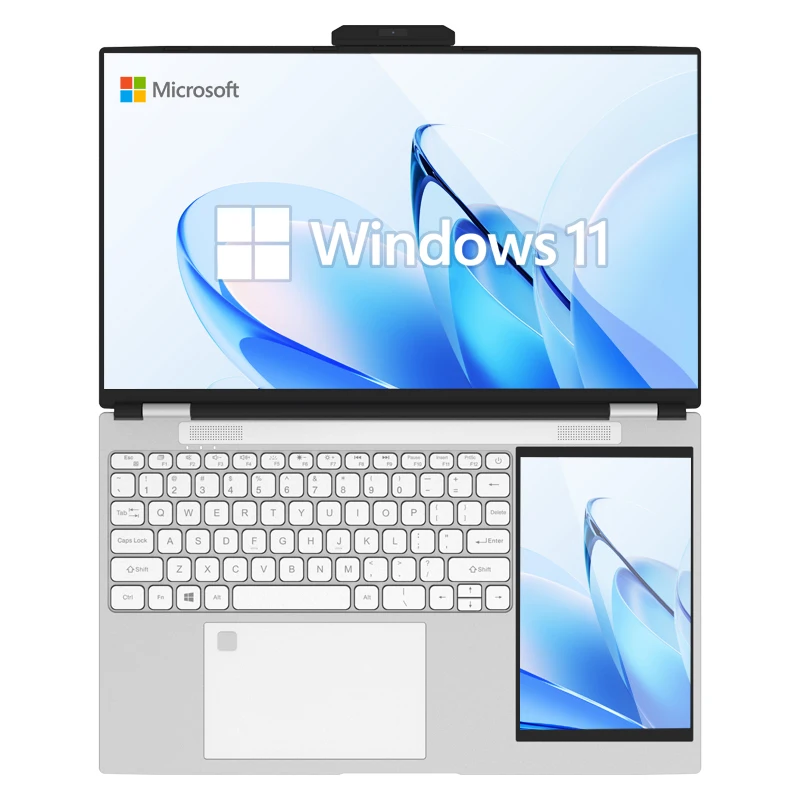 Front view of a sleek silver 1TB laptop with thin bezels and backlit keyboard