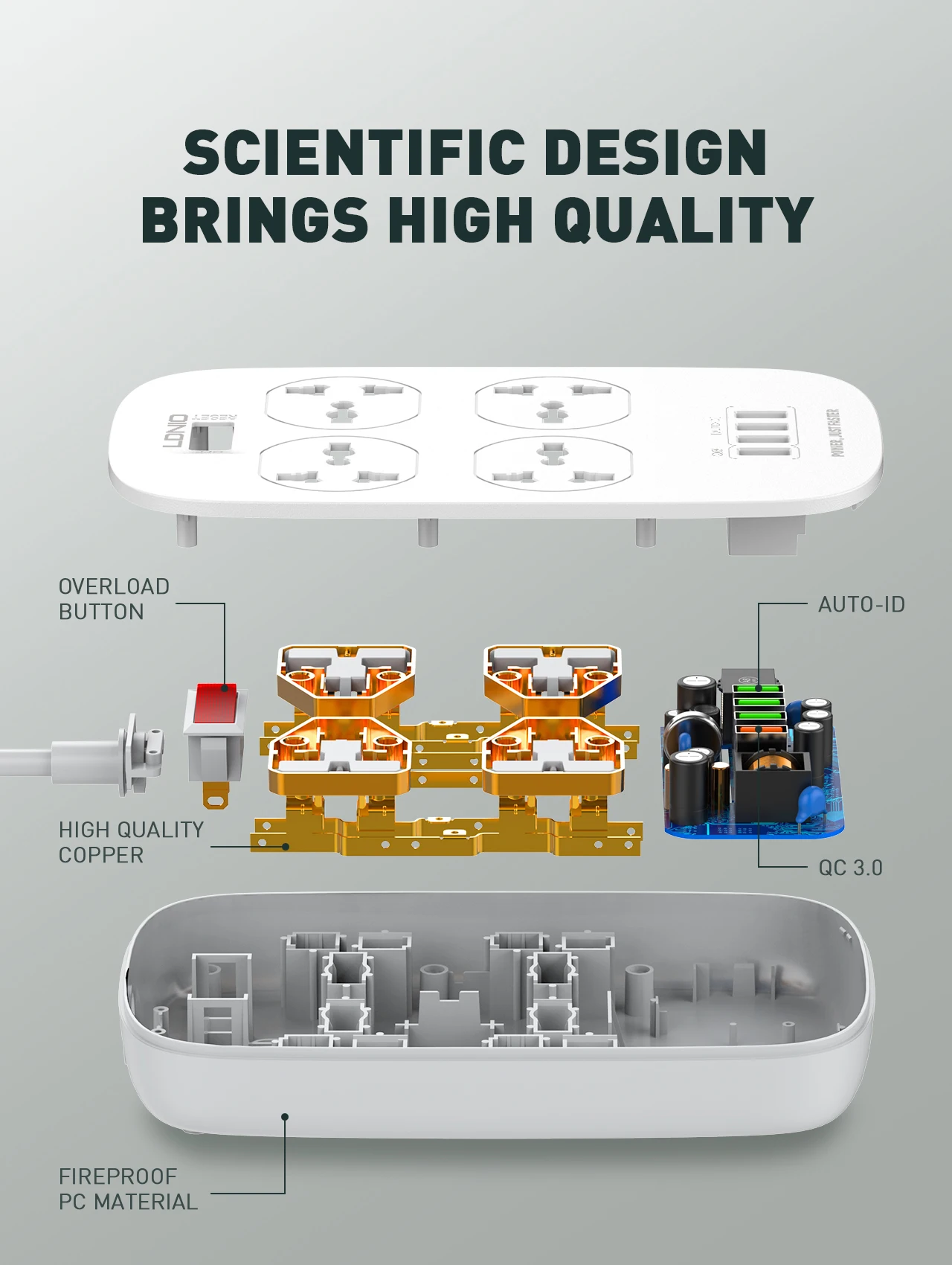 LDNIO Power Strip SC4407Q With 4 USB And 4 Universal Outlets EU/UK/US Plug