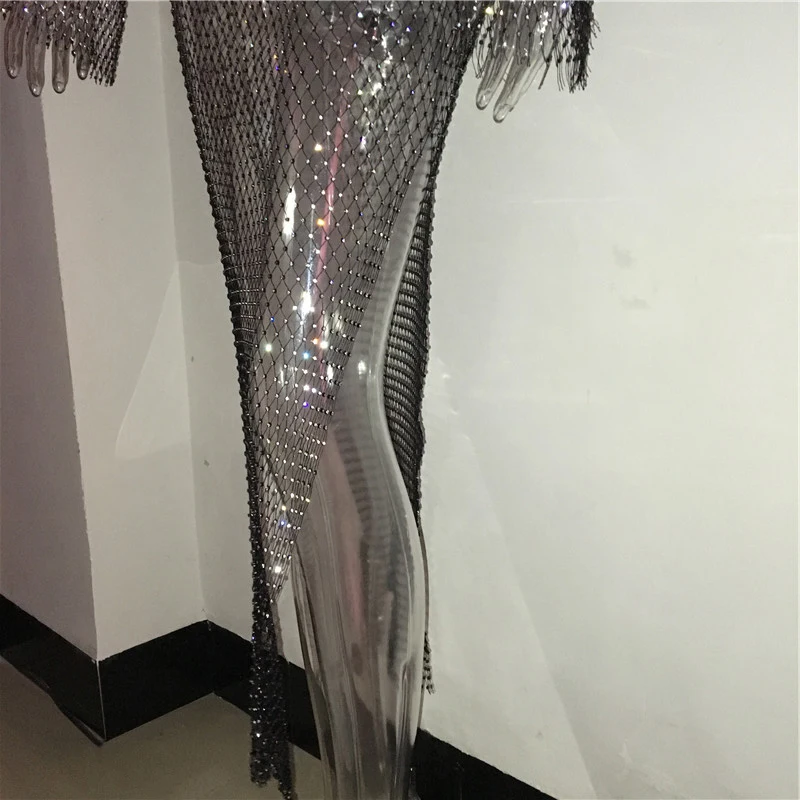 Shd1087 Shiny Rhinestones Grid Long Dress Women Sexy See Through Long