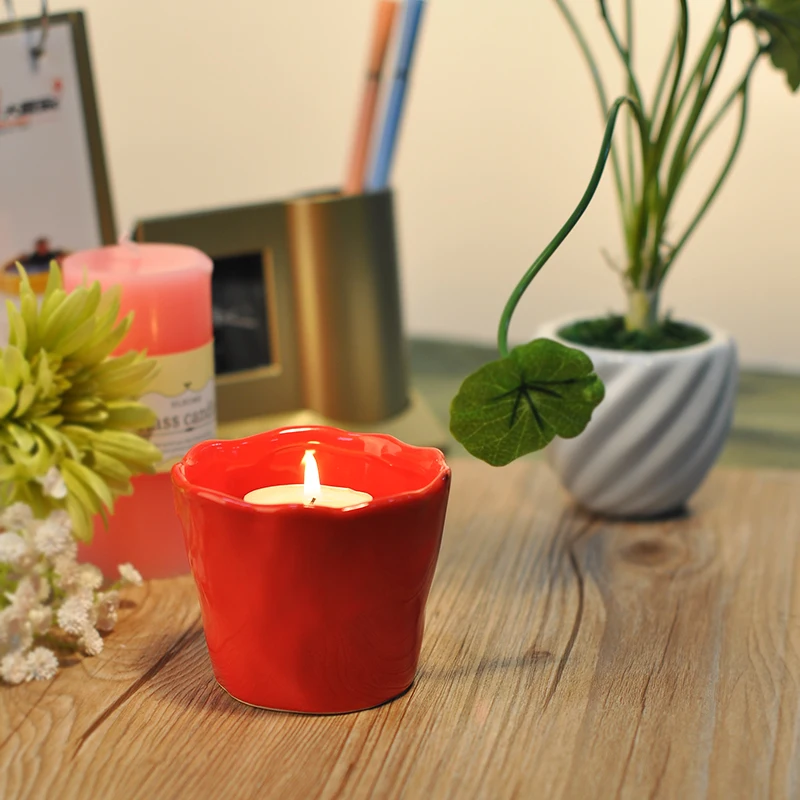 6oz Red Waved Ceramic Candle Holders Home Decoration Pieces