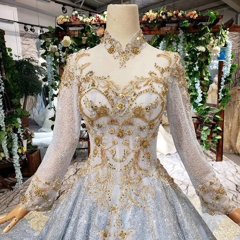 Real Photos Golden Lace Light Blue Ball Gowns Wedding Dress Bridal Dresses Long Sleeve Beading Dress Custom