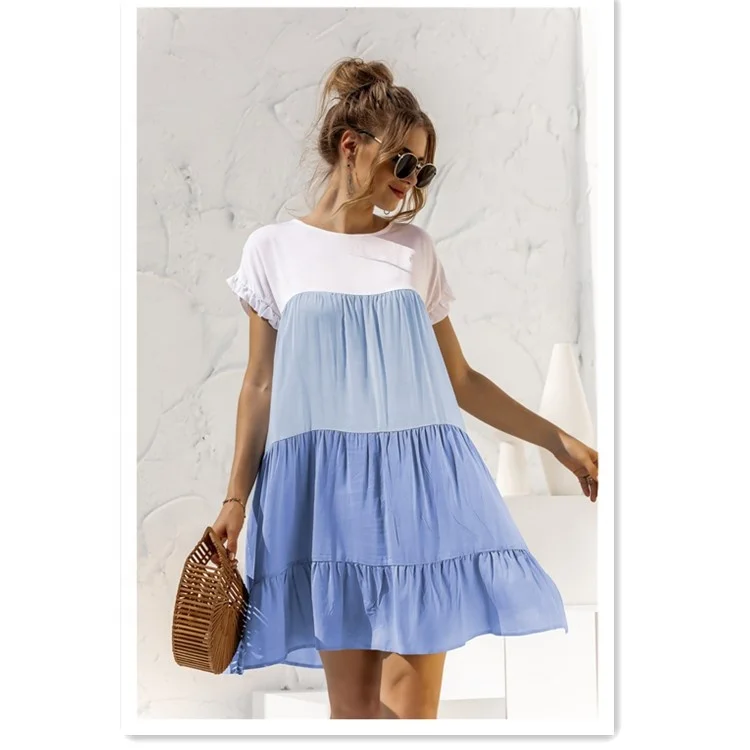 

In Stock New Contract Color Flare Short Sleeve Ruffle Pleated A Line Loose Sweet Price Summer Lady Dress