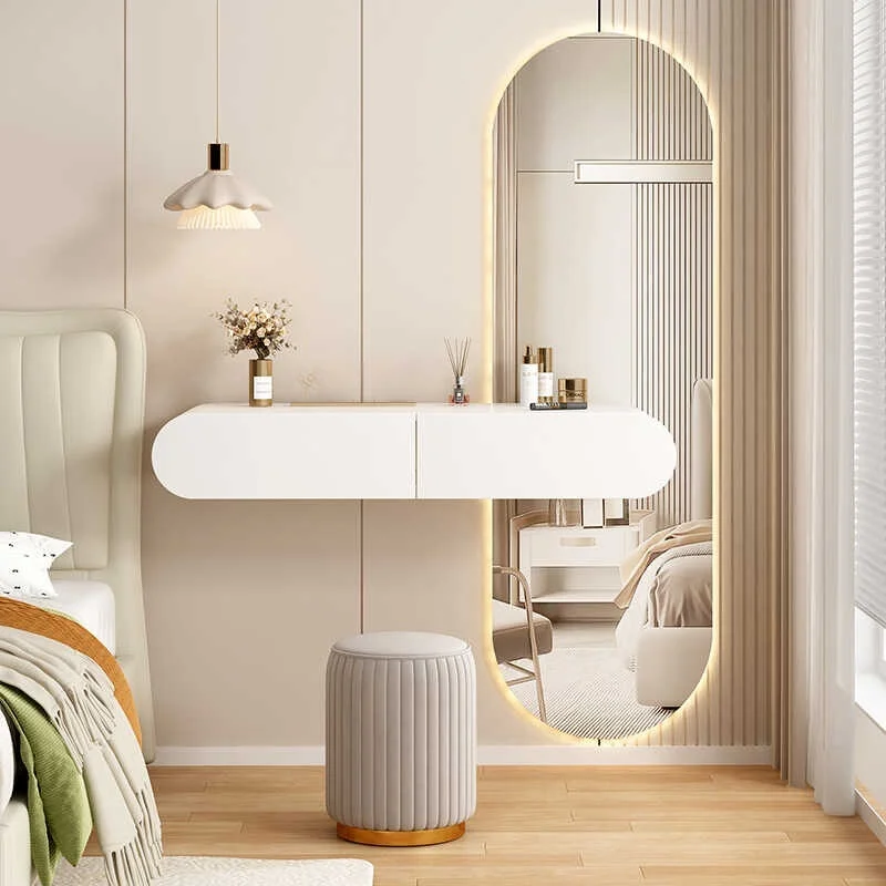 modern wall mounted dressing table Modern Minimalist Wall-Mounted Dressing Table Lighted Mirror Integrated  Bedside Cabinet for Small Bedroom for Suspended Space