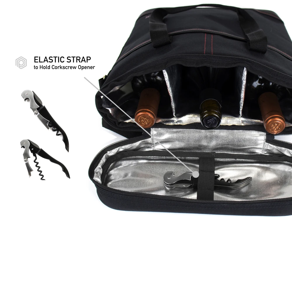 Black 3 Bottle Travel Padded Wine Carry Cooler Tote Bag Adjustable