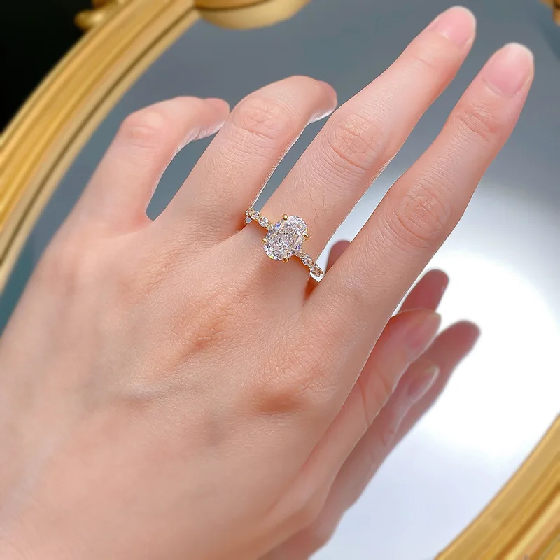 Luxury Ring European American S925 Silver Inlaid with High Lab Diamond 7*10 Oval Geometry Net Red Jewelry