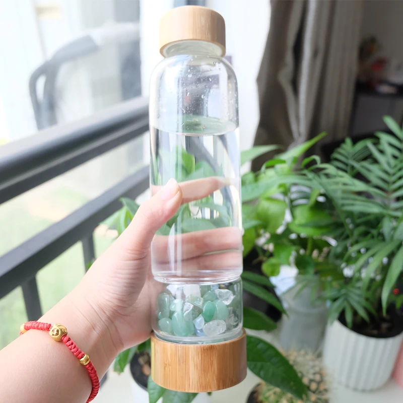 Natural Crystal Infused Glass Drink Water Bottle Bamboo Lid Gemstone