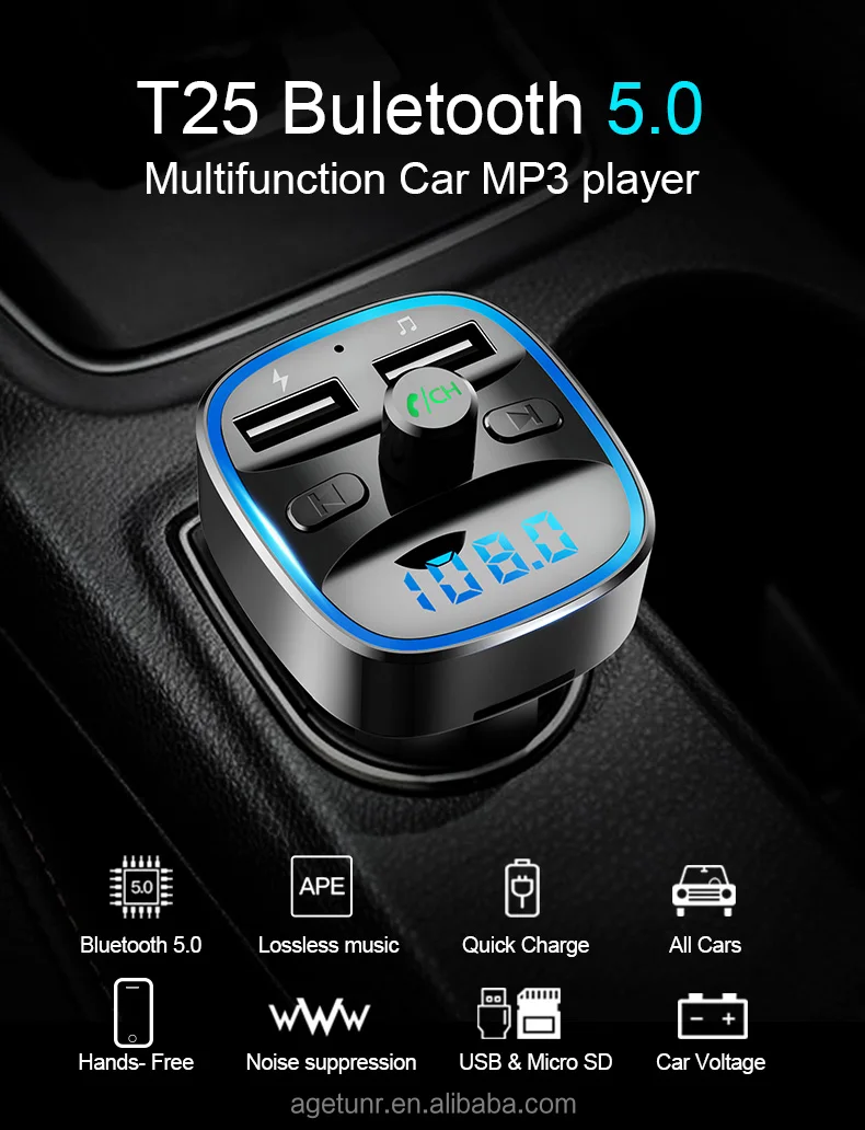 Agetunr T25 Bluetooth 5 0車のfmトランスミッタsdカード U ディスクusb充電器表示画面mp3プレーヤーカーステレオライト効果black Buy 車の Fm トランスミッター Mp3 プレーヤー Bluetooth カートランスミッタ プレーヤー Mp3 Bluetooth Product On Alibaba Com