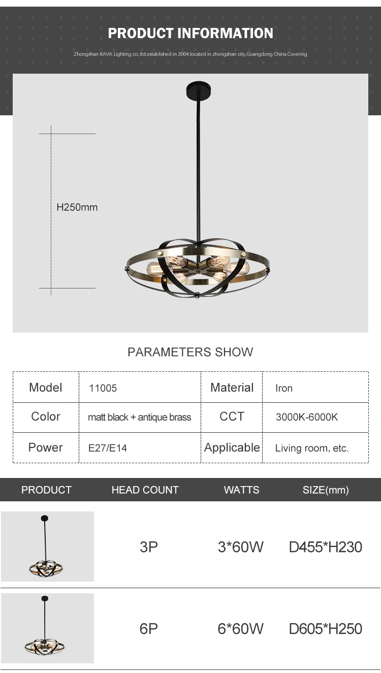 Post modern designer home hanging 3 head black antique brass color iron led pendant light