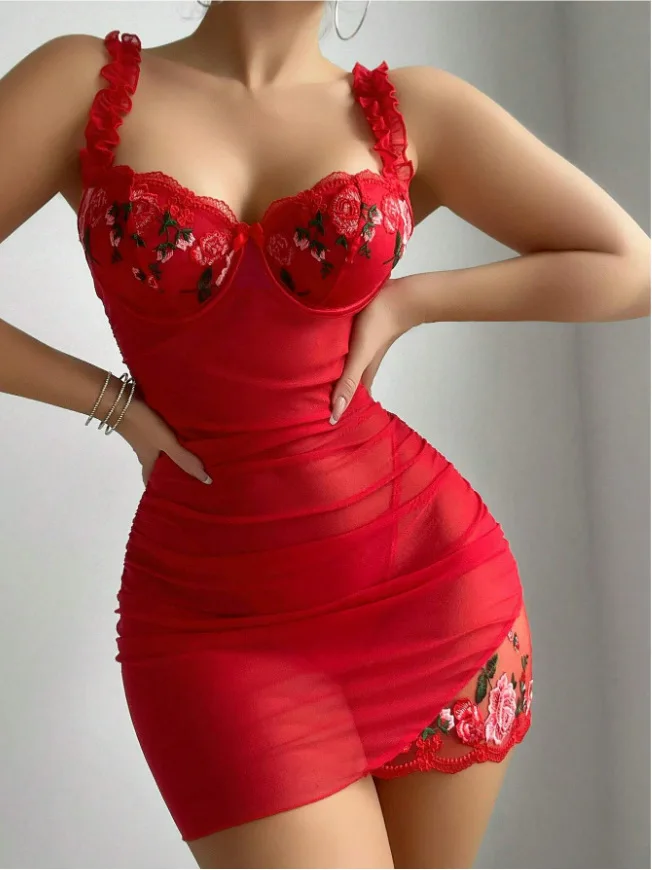 European American New Style Sexy Women's Mesh Embroidery Breathable Dress Homewear Set