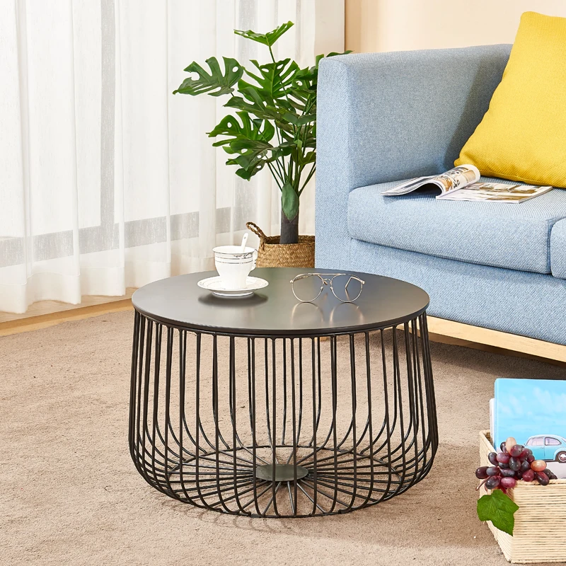 Home Garden Round Black Metal Wire Basket Wooden Top Side Table Coffee Table With Storage For