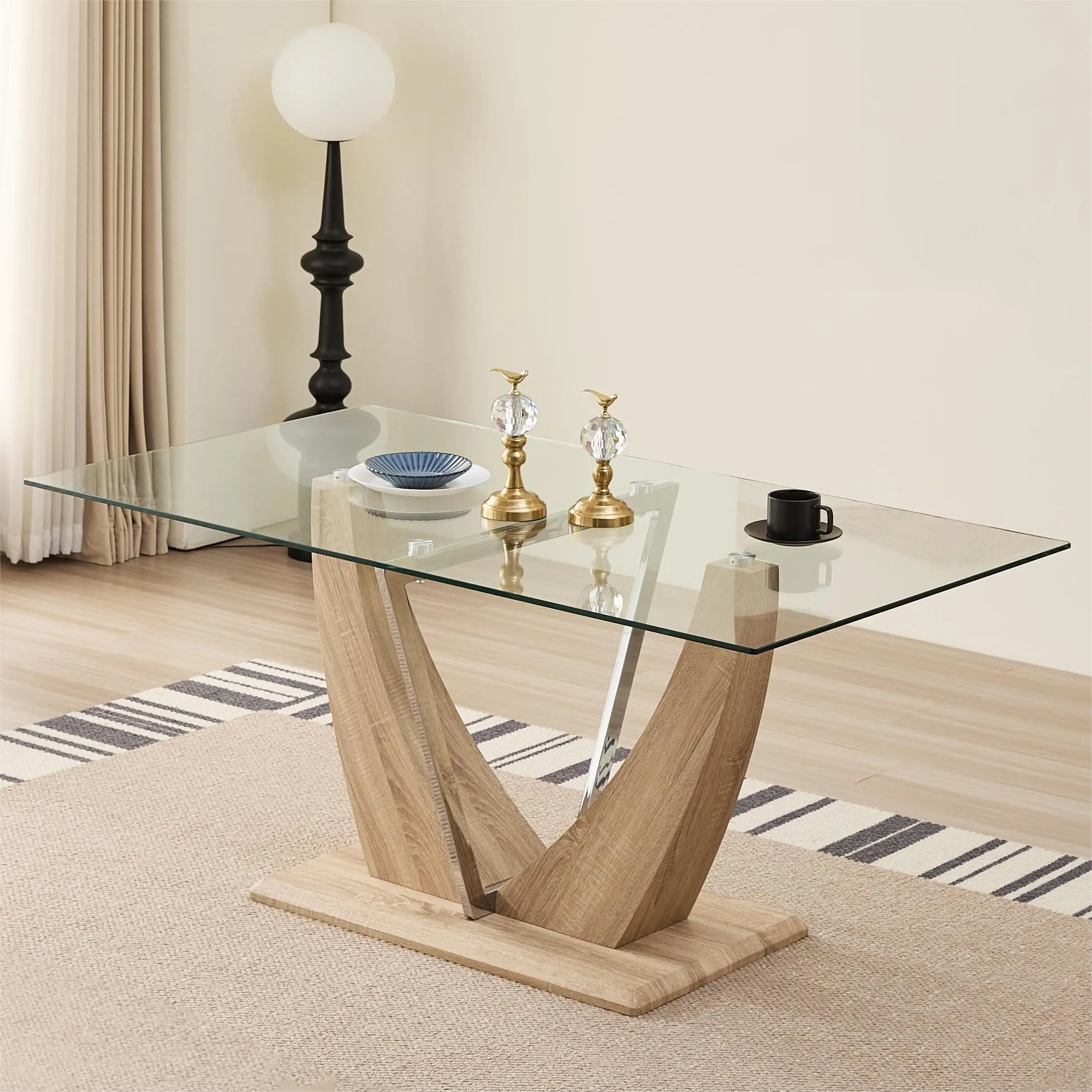 Modern Luxury Glass Top Dining Table with V Shaped Base