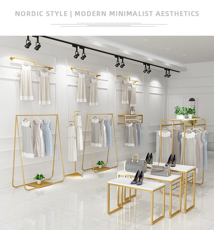 Custom Boutique Gold Clothing Wall Mounted Rack Nesting Table Clothes