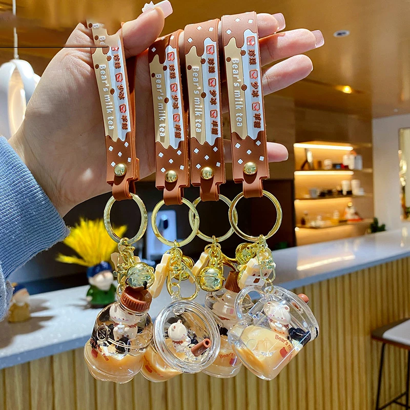 New Cute Cartoon Acrylic Bear Bubble Boba Milk Tea Cup Liquid Keychain ...