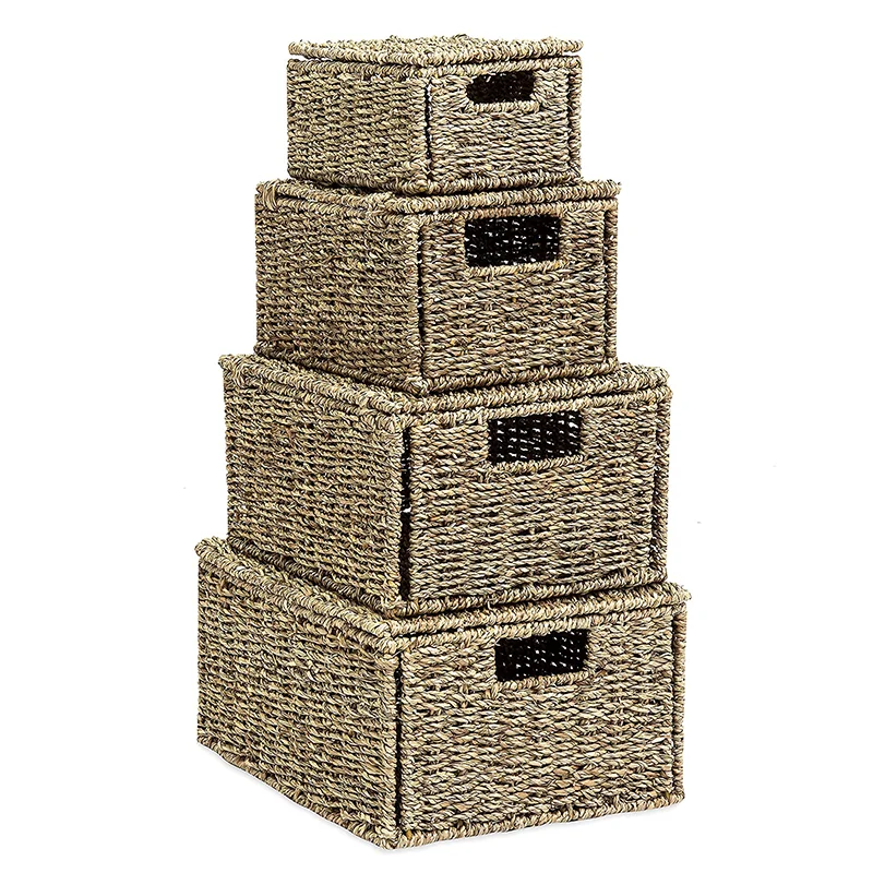 Set Of 4 Seagrass Storage Baskets With Lids And Insert Handles Ideal