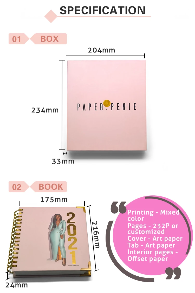 Pink Box for Planner+carton Box Gift Notebooks Printing Design Hot Sell A4 Art Paper Mixed Color supplier