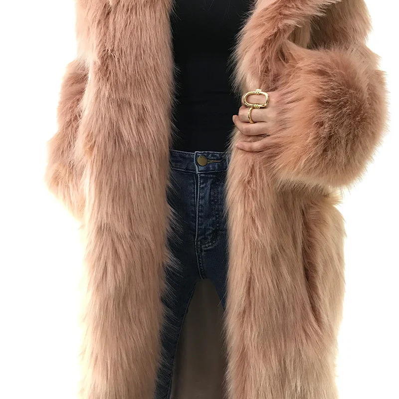 冬季保暖风格热长人造狐狸毛皮大衣假胡德狐狸毛皮大衣妇女