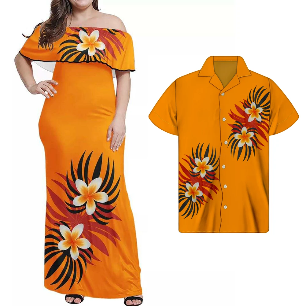 Orange 7XL Cheap Couples Matching Outfits Tropical Hibiscus Flowers Hawaii  Print Plus Size Women's Dresses Match men's shirts| Alibaba.com