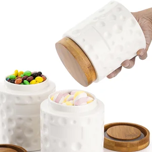 3 Pack Porcelain Food Storage Jars,Ceramic Cookie Small Canister With Bamboo Wood Lid and Label,Coffee Tea Sugar Containers details