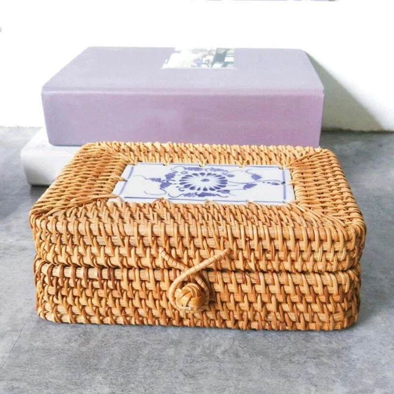 Rattan Storage Box Lid Handmade Woven Wooden Organizer Sundries Puer Tea Boxes 