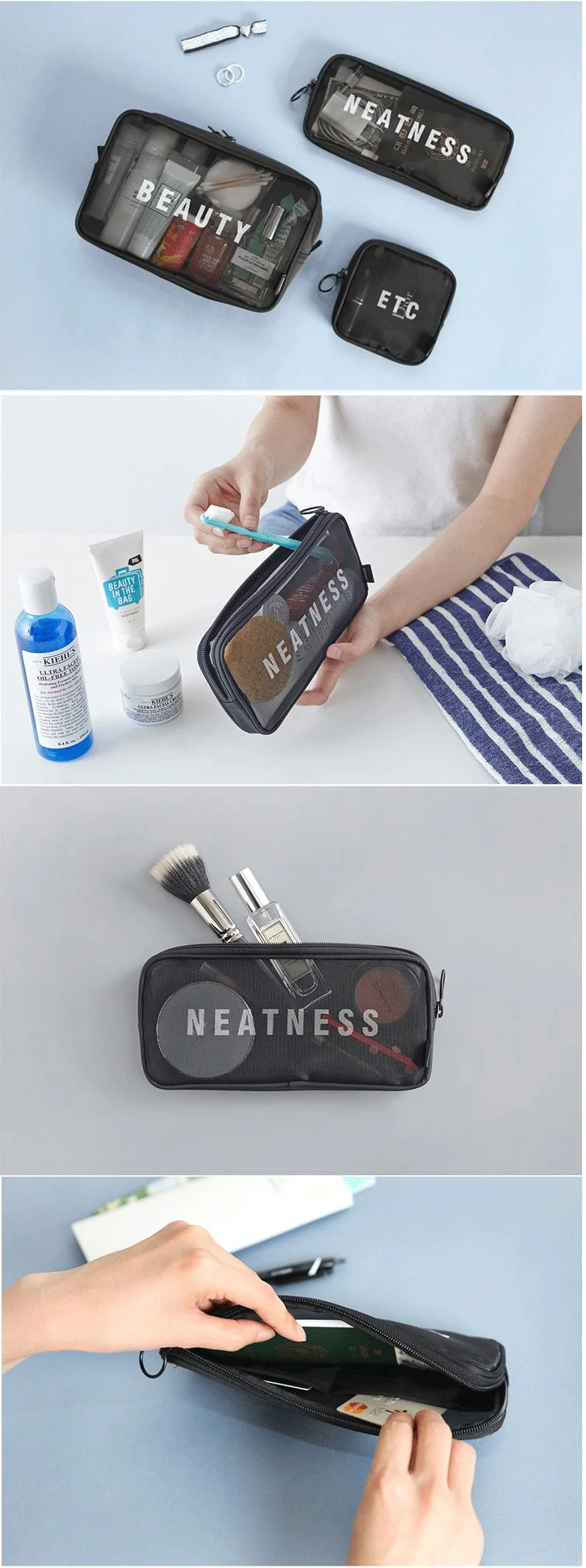 Custom Black Travel Mesh Toiletry Bag Set 3 Pcs Mesh Makeup Pouch