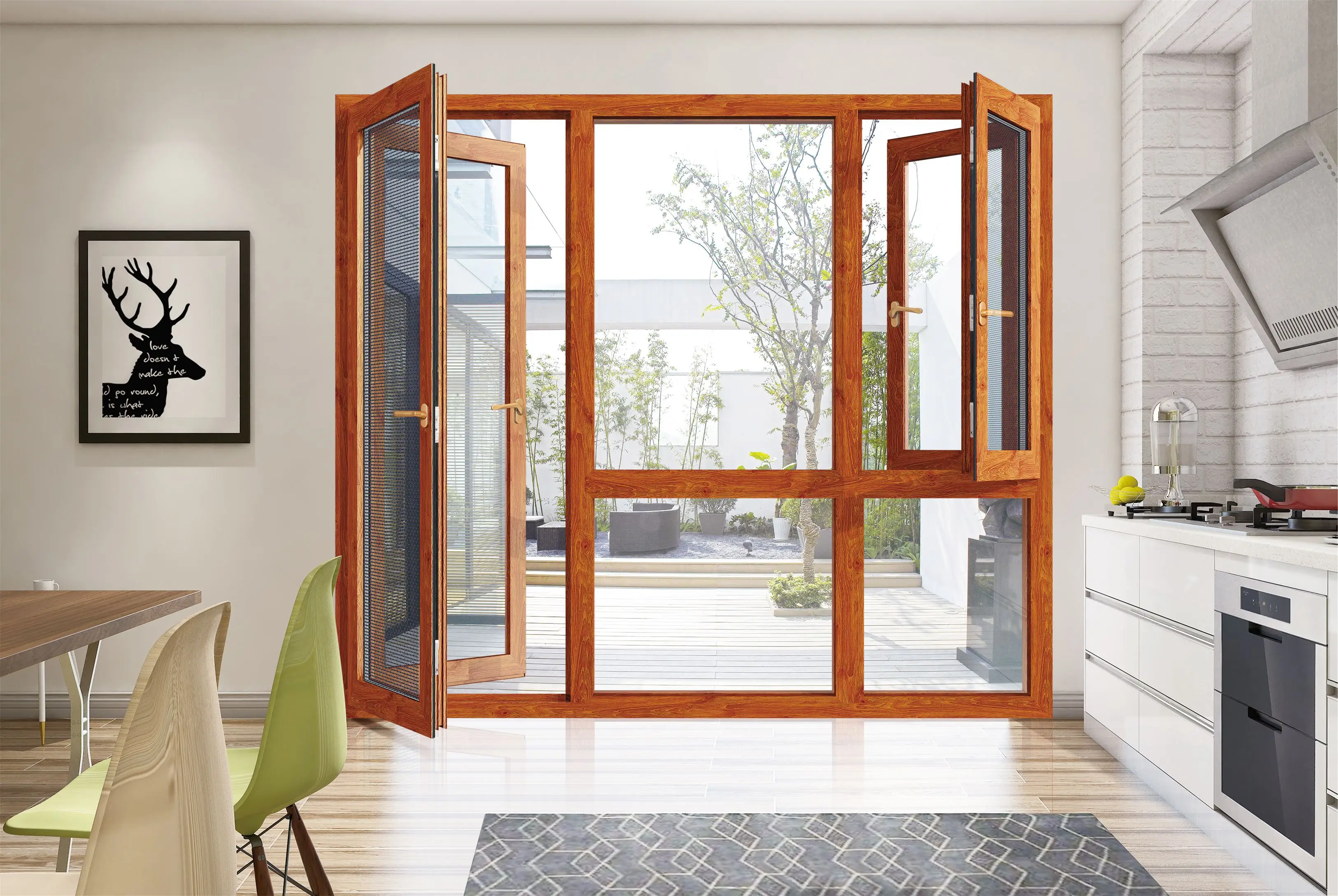 飞幕木纹阳极氧化铝框架家庭的平开窗玻璃窗 