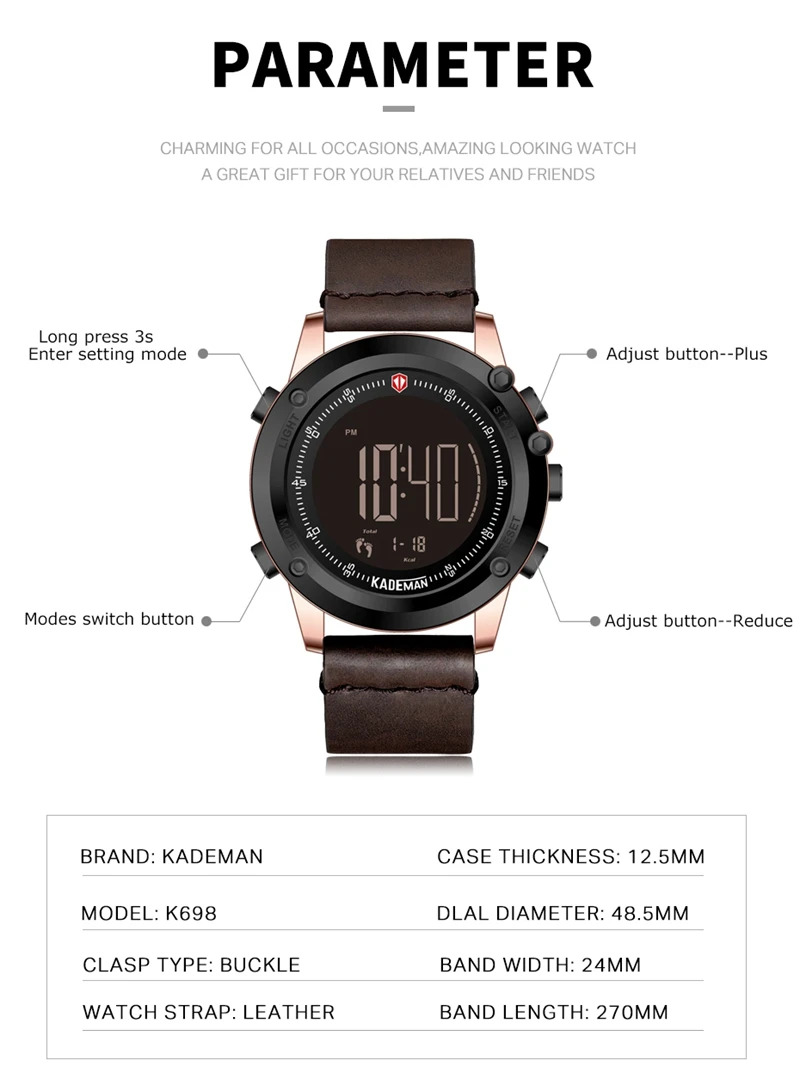 KADEMAN K698 Military Men's Watch Digital Waterproof Step Counter Sports Clock Leather Top Luxury Brand LED Male Wristwatches