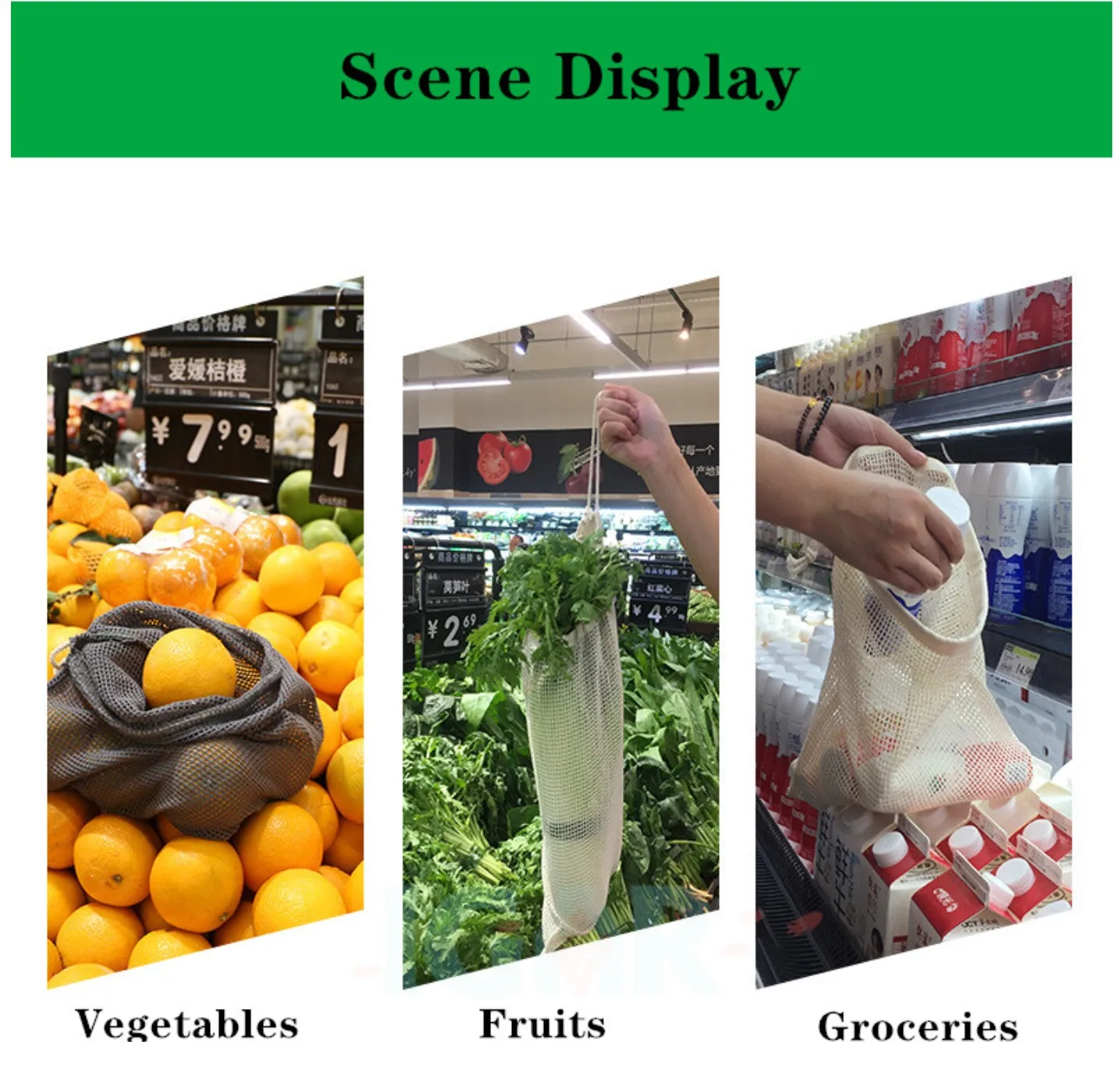 Gray color recycle fruit and vegetable bag reusable organic cotton mesh bags for fruits and vegetables 