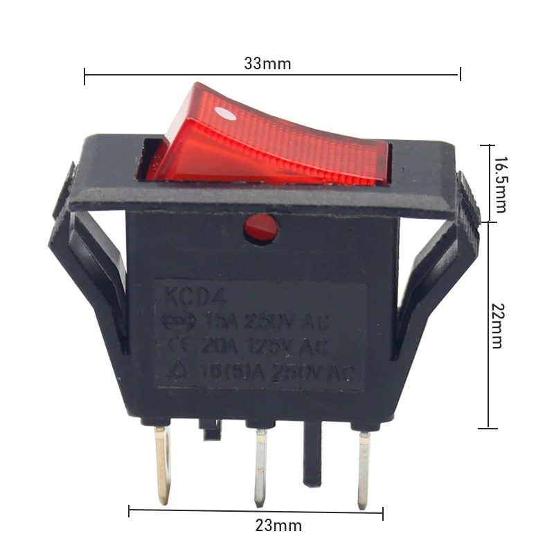 Luz roja 4 pin dpst on/off interruptor 15a/250v 20a/125v ac 28x22mm h6m9 