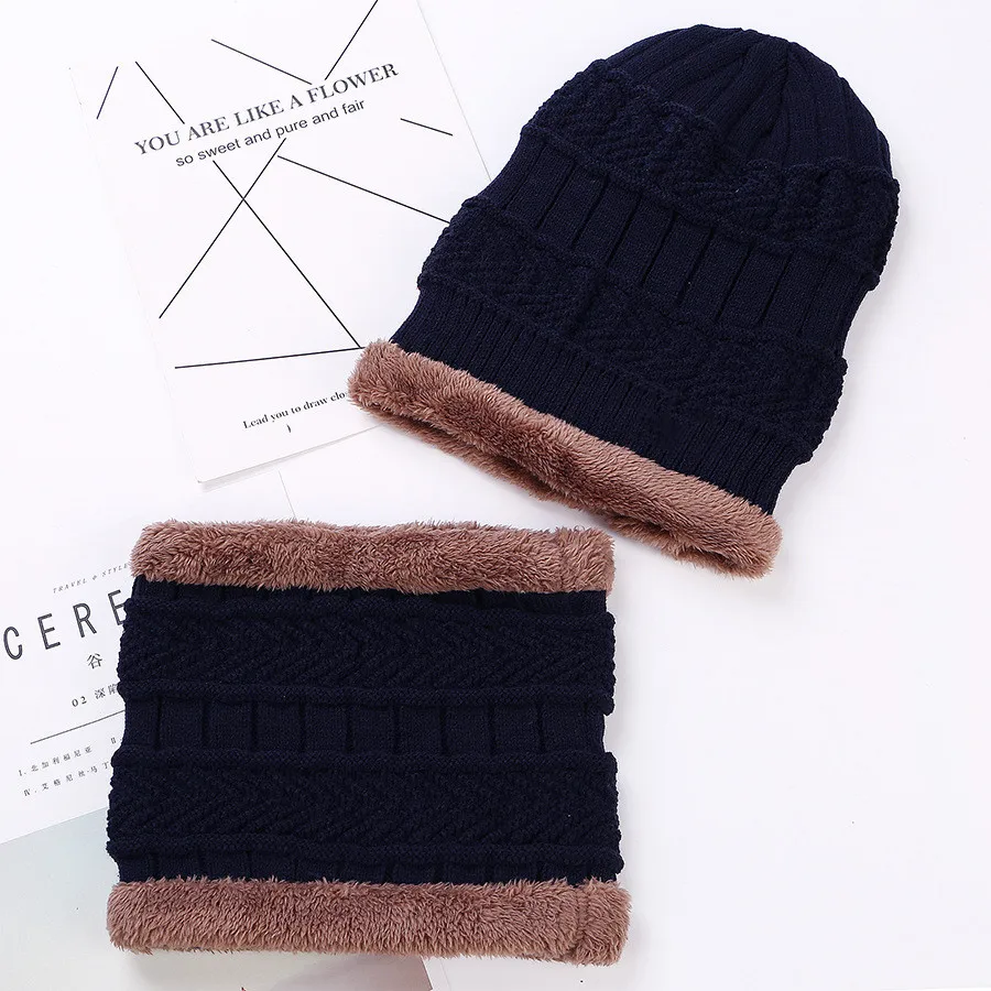 Winter Knitted Hat Scarf Set Warm Thicken Fleece Men Beanie Hat Scarf Set Solid Knit Windproof Outdoor Ski Cap Ring Scarf