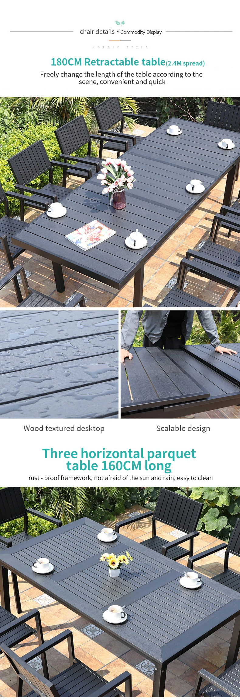 Mojia Outdoor Furniture Plastic Wood Dinner Table Set Easy To Clean