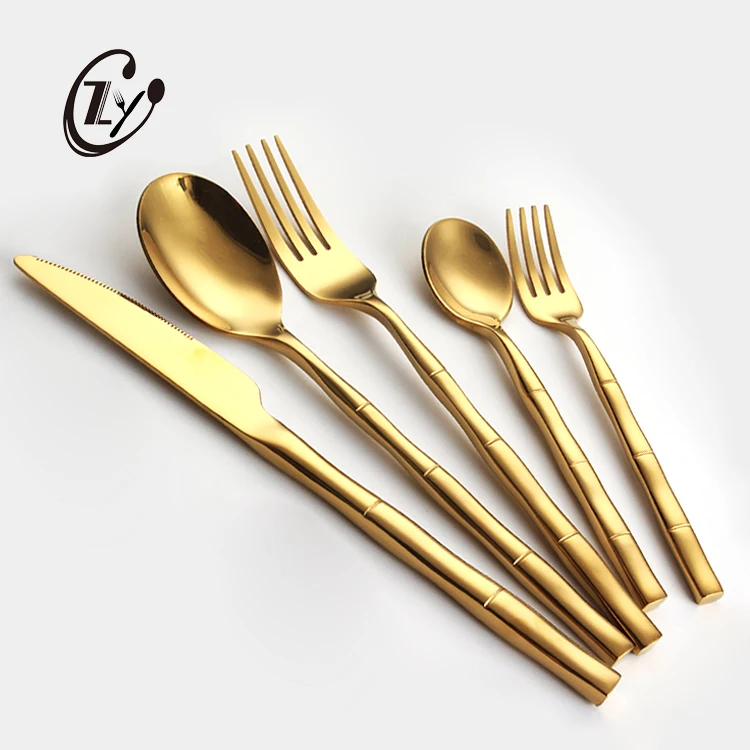 
Eco-Friendly 5 Pcs Gold Silver Flatware Set Bamboo Shape Handle Stainless Steel Luxury Cutlery Set 