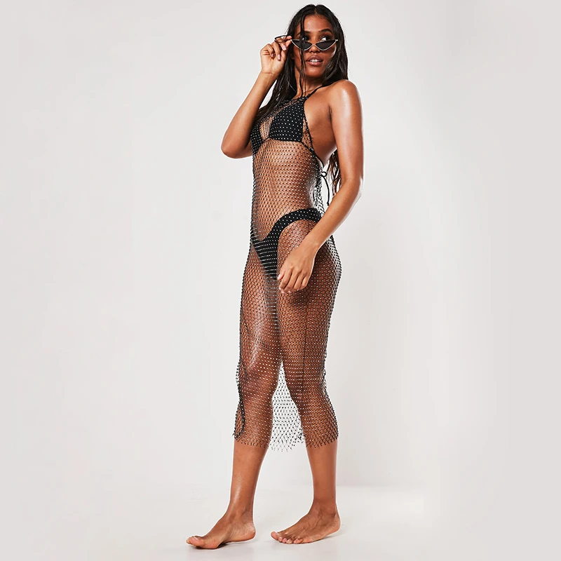 Summer Beachwear Black Fishnet Crystal 