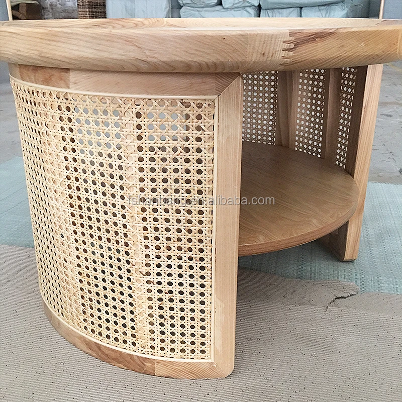 Round Natural Rattan Cane Wooden Coffee Table