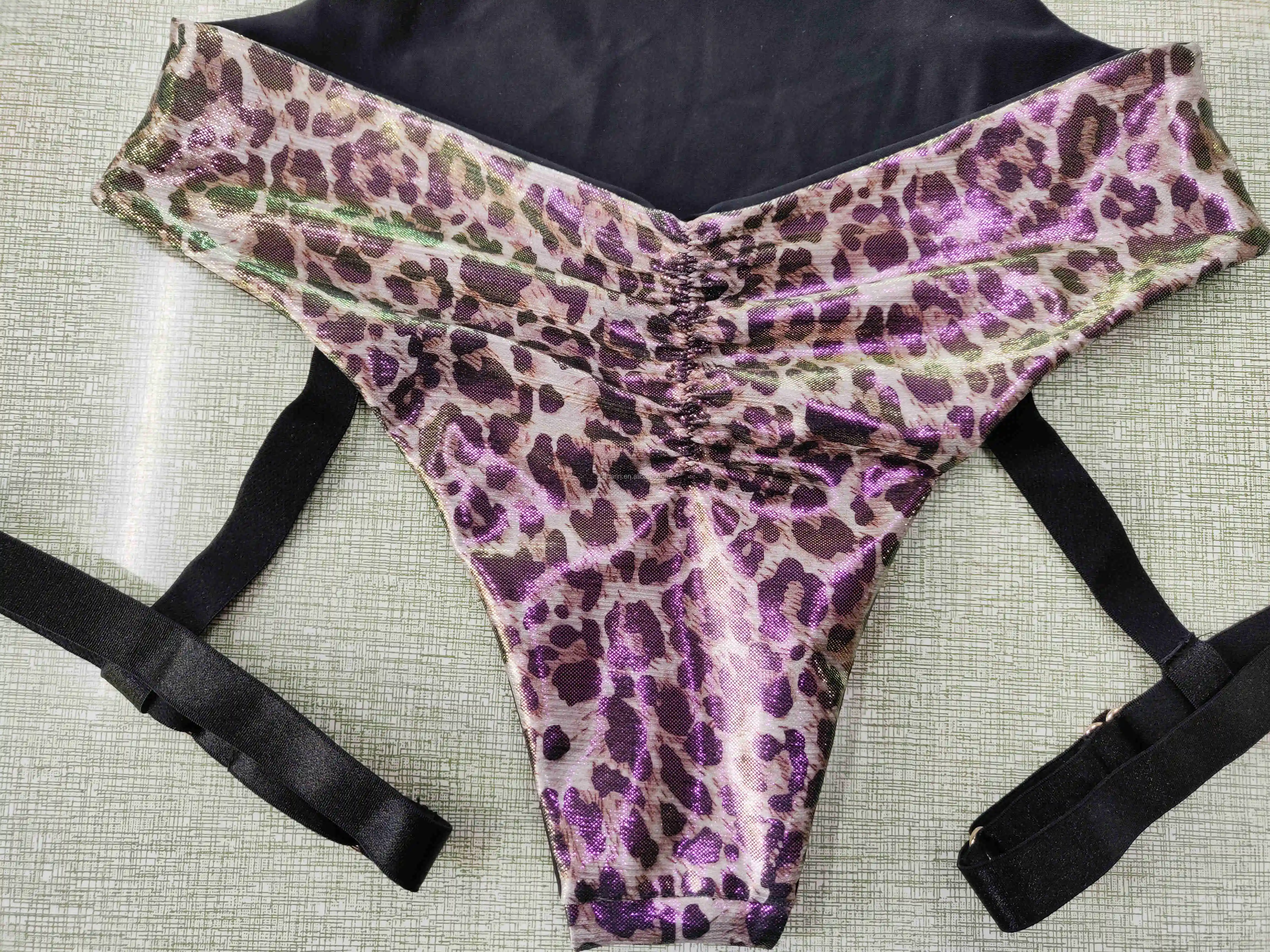 Custom Sexy Shiny Leopard Garter Bodysuit Cross Back Scrunched Bum Pole