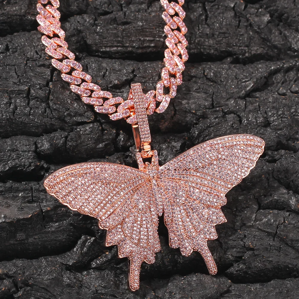 Zircon Crystal Pink Butterfly Charm Pendant Necklace Iced Out Rose Gold