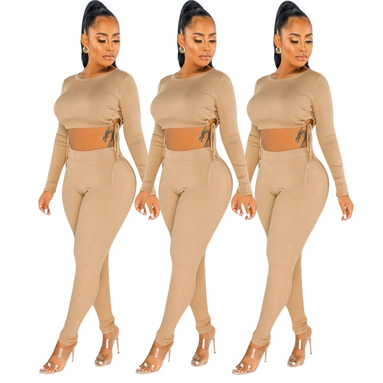 Hot Sale Bodycon Knit Drawstring Stretchy Pants Crop Top 2 Piece Set Women Two Piece Set Women Clothing